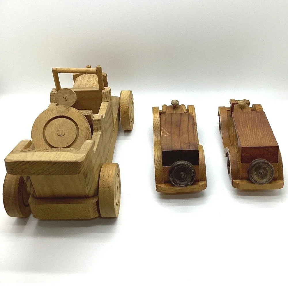 Vintage Handmade Wooden Toy Cars Set of 3 Antique Style Model T Sedan Roadster‎
